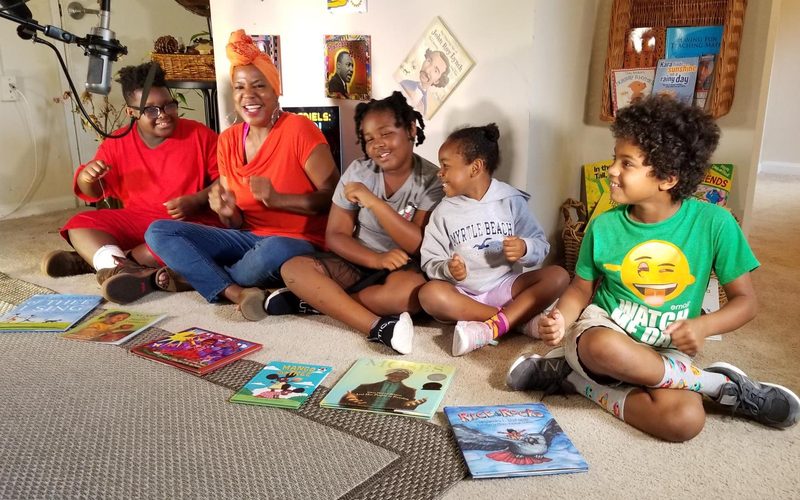 Caroline celebrating International Literacy Day with students